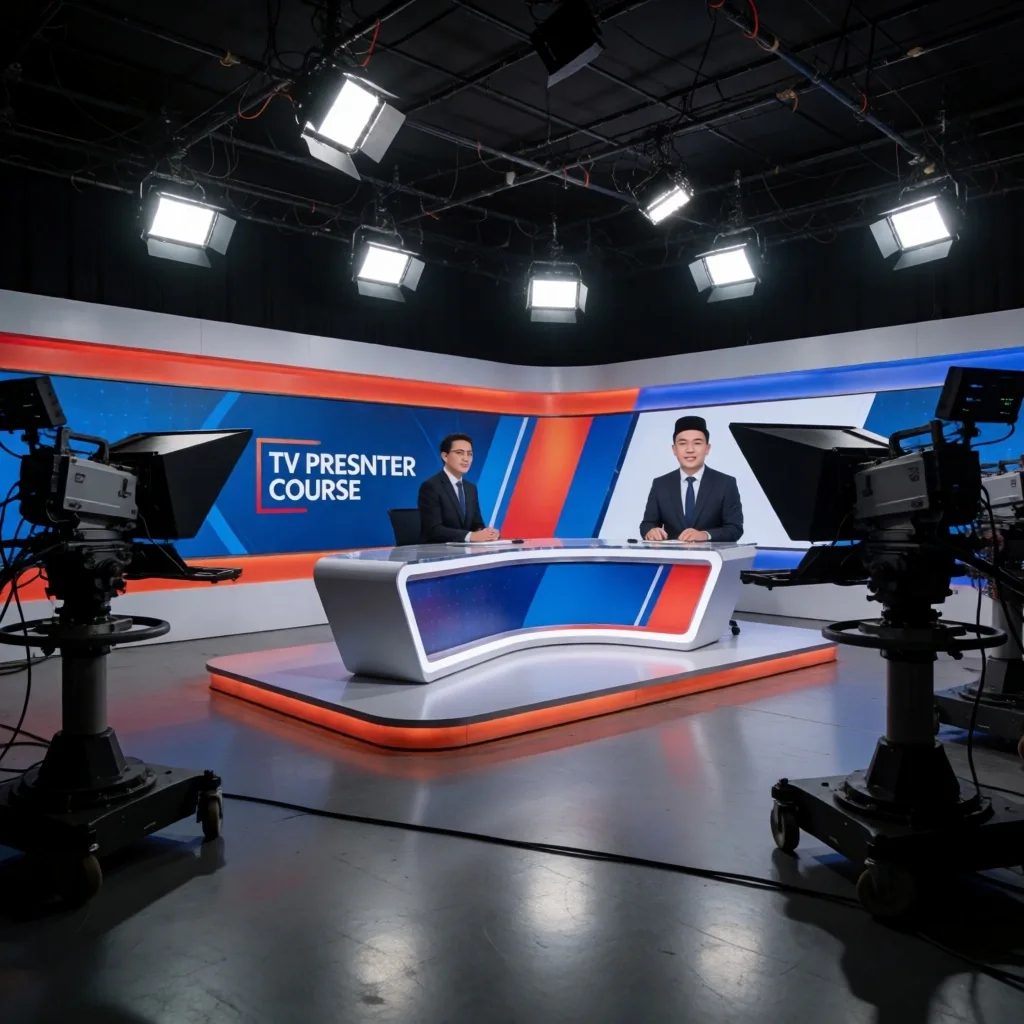 Interior studio televisi profesional dengan kamera, teleprompter, dan pencahayaan studio