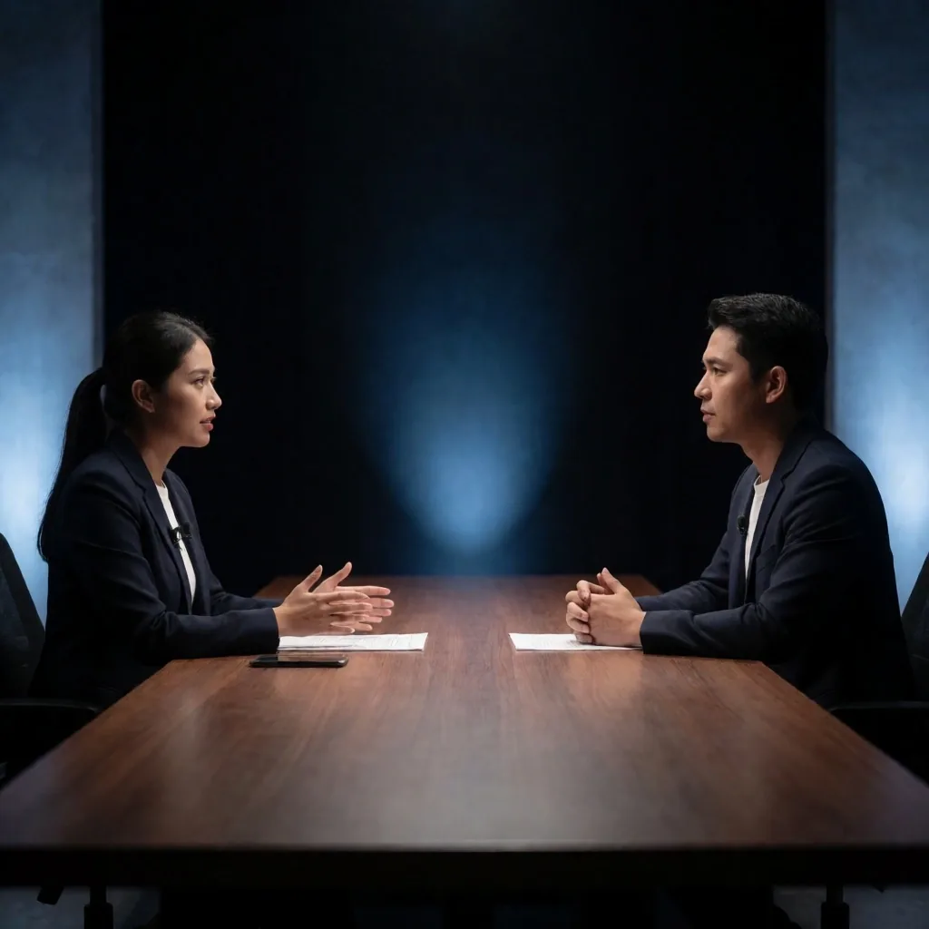 Ruangan debat formal dengan dua peserta menghadap meja di studio