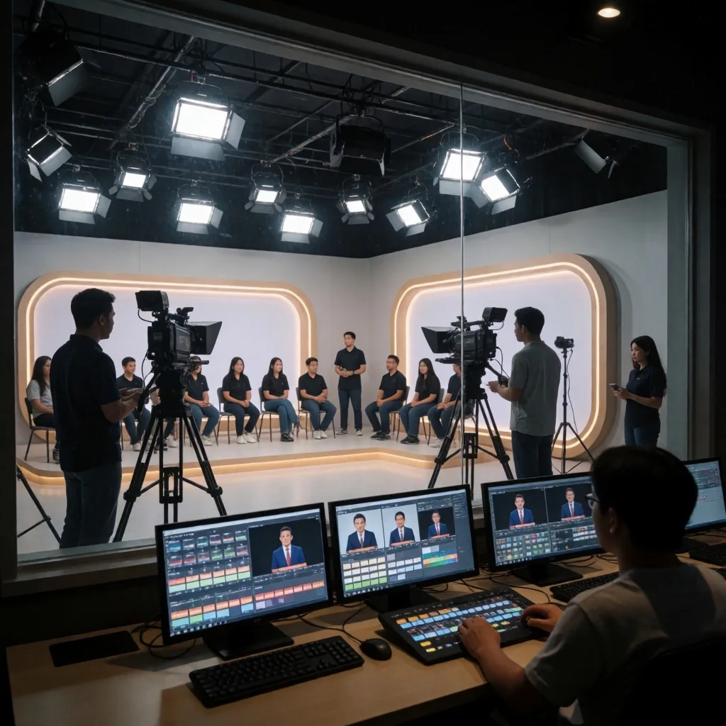 Interior studio simulasi televisi dengan kamera profesional dan pencahayaan studio