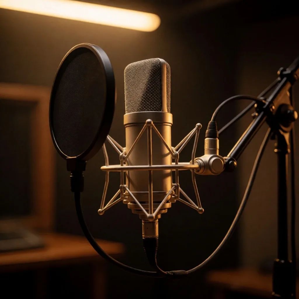 Mikrofon broadcast dalam pencahayaan studio amber