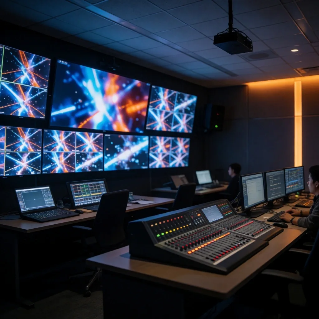 Ruang kontrol studio televisi modern di malam hari
