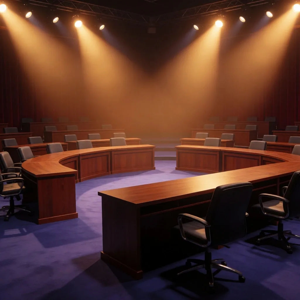 Ruang debat dan seminar dengan pencahayaan studio